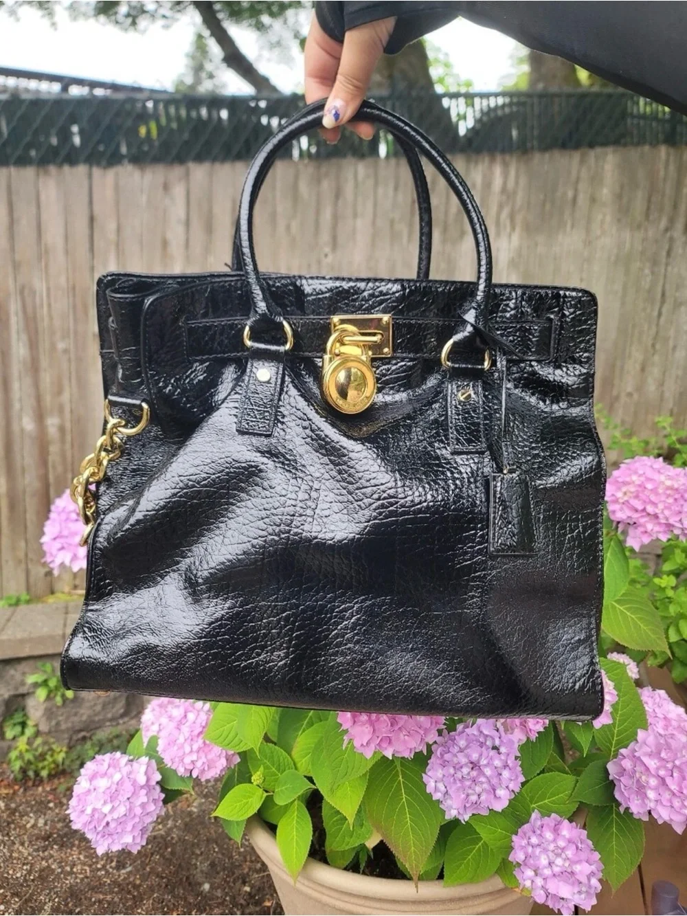 Michael Kors Black Patent Satchel with Gold Hardware